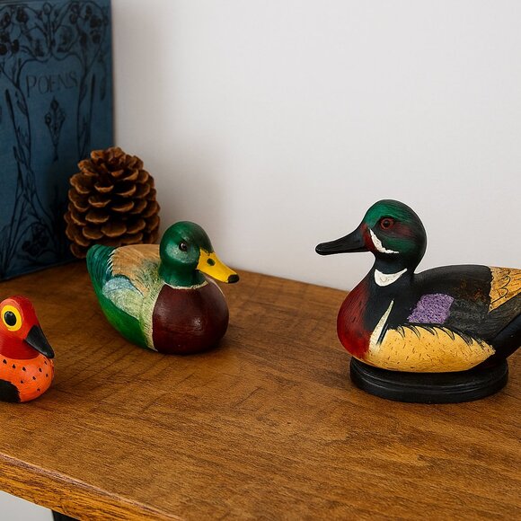 Set of 3 Ceramic Duck Figurines Hand Painted Mallard & Teal Wildlife Shelf Decor - Picture 1 of 10